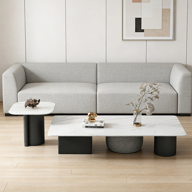 Modern Rectangle Home Slate Coffee Table Set, 13.77" H x 62.99" L x 31.49" W, White/Light Gray