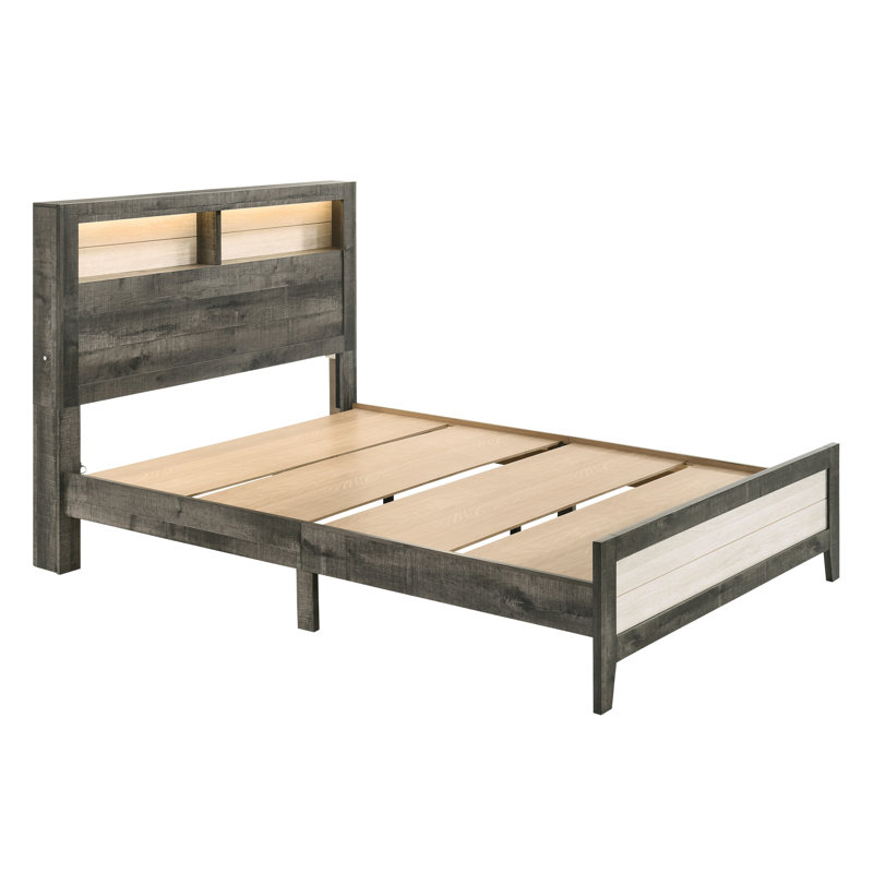 Grand lit avec tête de lit à profil bas et éclairage intégré, gris beige, tête de lit de rangement contemporaine, profil bas, bois beige, tablettes
