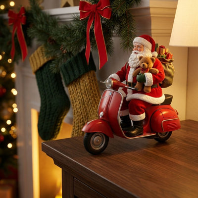 Santa Riding Red Scooter Figurine Resin Christmas Statue with Gift Sack Teddy Bear Xmas Tabletop Decor Ornament Gift Christmas Decorations Gifts