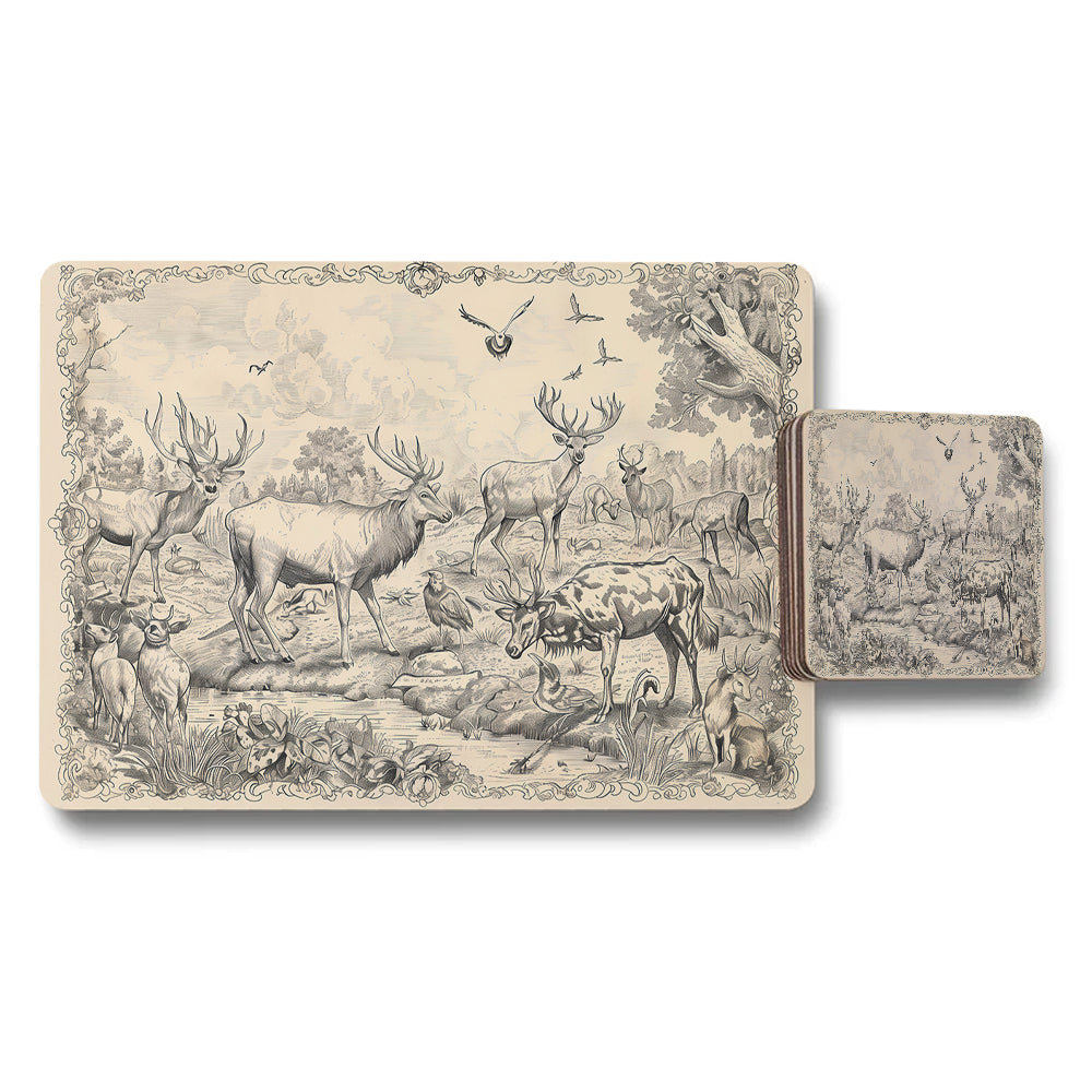 Vintage Wildlife Deer Placemats And Coaster Set With Antique Illustration