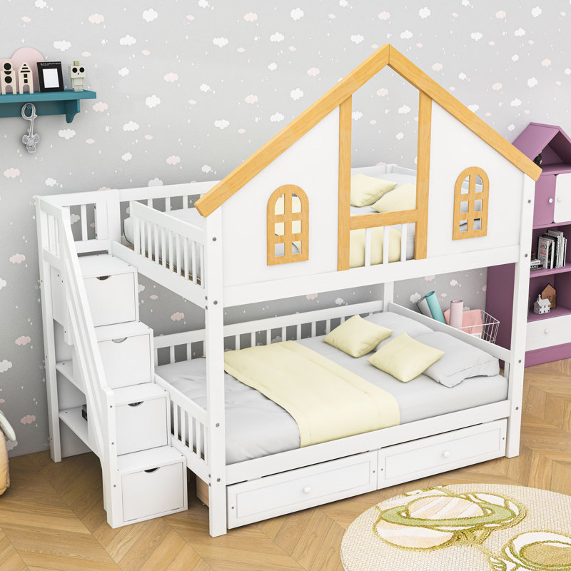 Woode Bunk Bed With House Roof Design, Storage Staircase And Drawers, Full Over Full