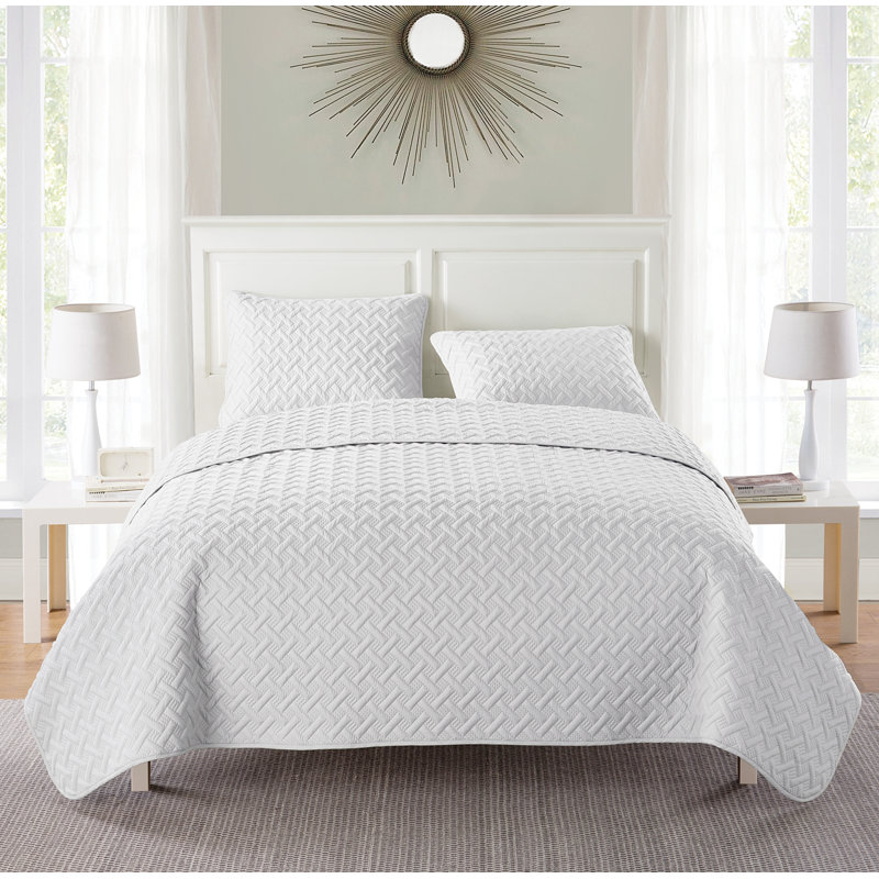 Ensemble de courtepointe à tissage de panier Nina, Blanc, Couvre-lit simple + 1 taie