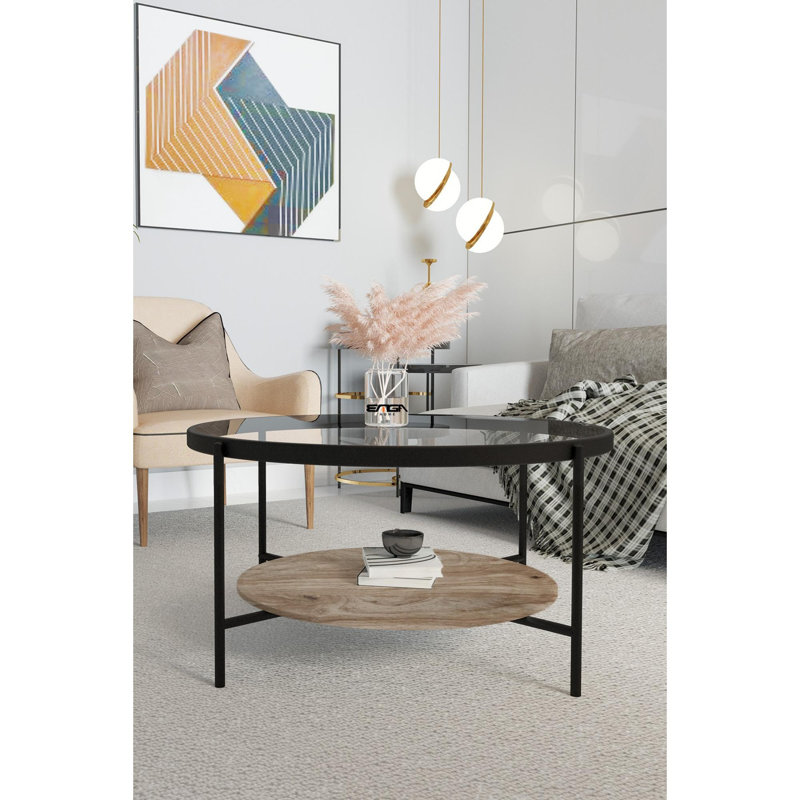 Table basse, Pin antique / noir, Transparent