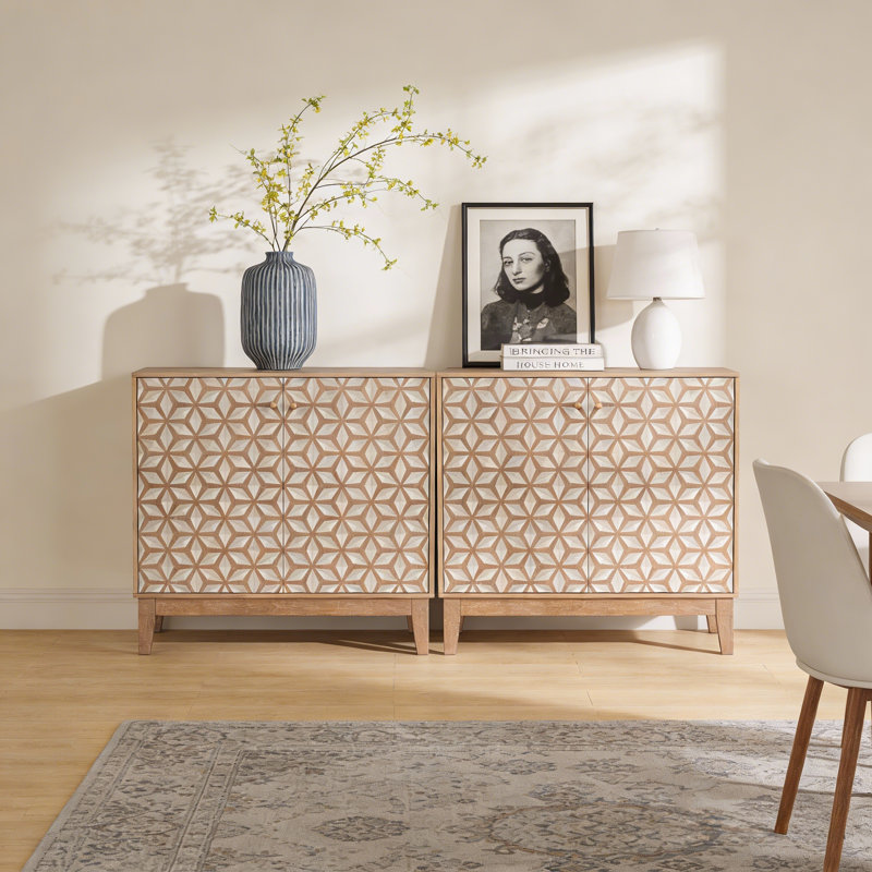 Buffet 63 po à double porte géométrique avec tablettes réglables, armoire de rangement de style maison de campagne pour le salon, la cuisine et la salle à manger