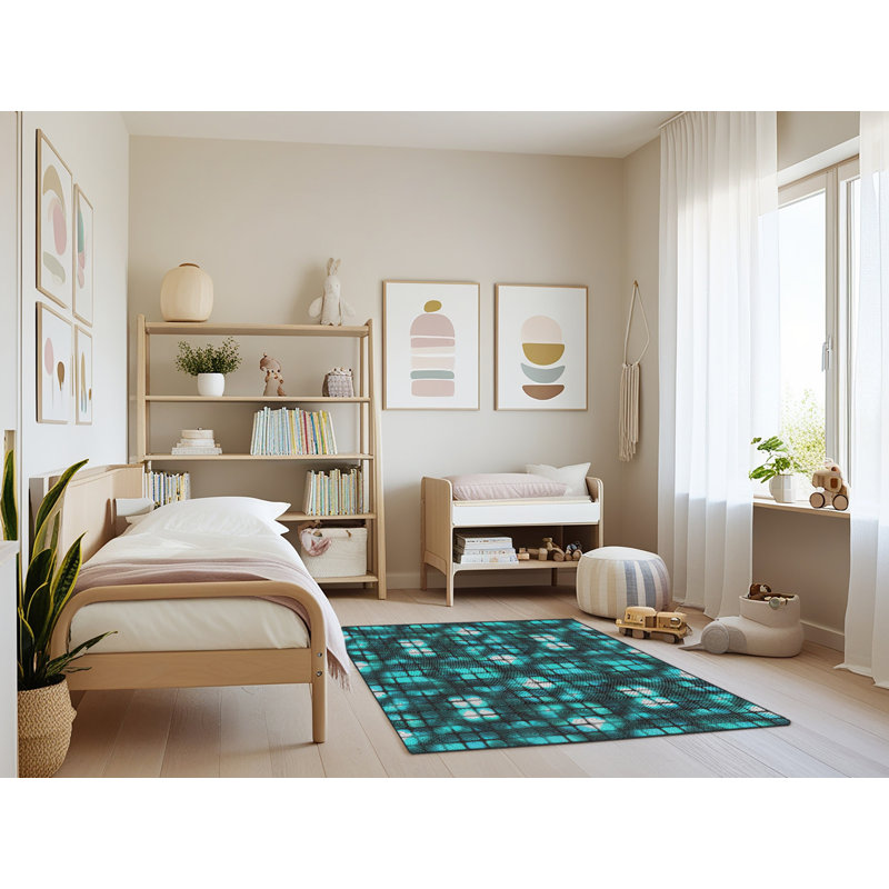 Tapis turquoise tissé à la machine, Rectangle 3 pi x 5 pi