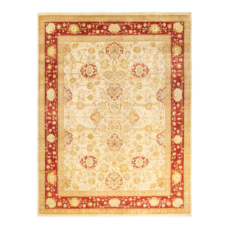 Tapis ivoire traditionnel noué à la main de conception unique 7 pi 10 po x 10 pi 7 po Keller