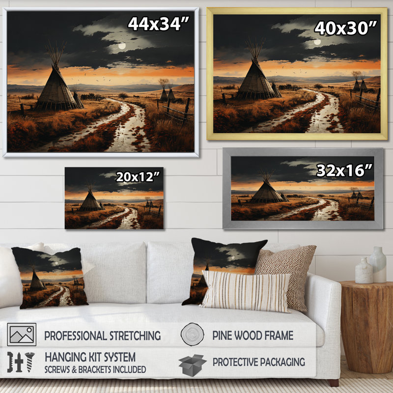Native Tipi Legacy Of The Plains II - Native American Wall Art Living Room, Cadre flottant doré, H 16 po x l 32 po x P 1 po