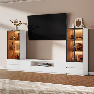 126'' White Entertainment Center for 55/65/75 Inch TV, Wooden Modern Media Console Set Of 3 Includes Tv Stand With Storage And Two 3-tier Display Cabinet With 2 Drawers For Living Room And Bedroom