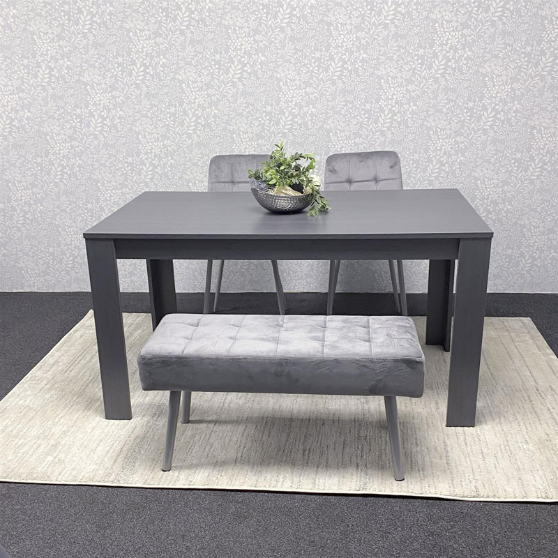 Dining Table and 2 Chairs And Bench Oak Effect Wood Table 1 Grey Velvet Chairs Dining Room, Charcoal, 75" H x 140" L x 80" W