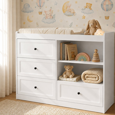 White Baby Changing Table Dresser With 4 Drawers & Adjustable Shelf, Wooden Baby Diaper Changing Station