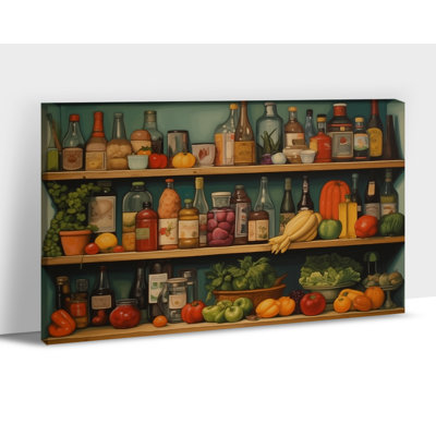 Vintage Adriany Colorful Pantry Bottles and Vegetables Canvas Prints Food Still Life Picture Artwork Framed Painting Wall Decor for Dining Room Kitchen, 12×16 Inches