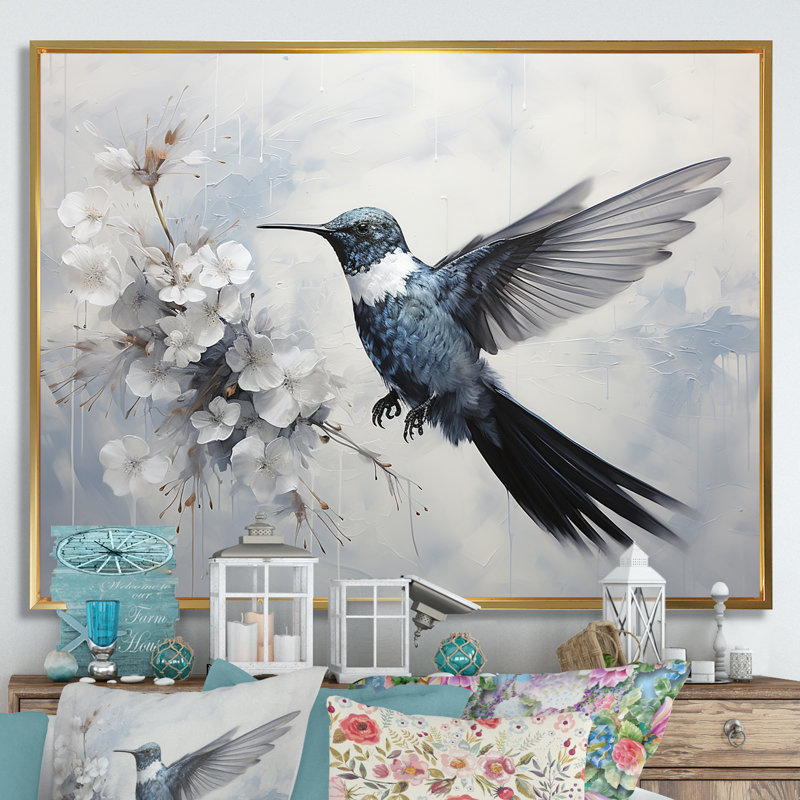 Colibri harmonie florale I sur toile, Cadre flottant doré, H 30 po x l 40 po x P 1,5 po