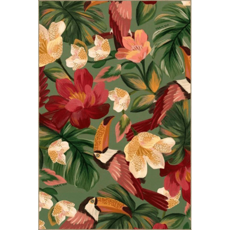 Green Themed Leaf And Flower Patterned Modern Decorative Carpet, Rectangle 3'4" x 6'7"