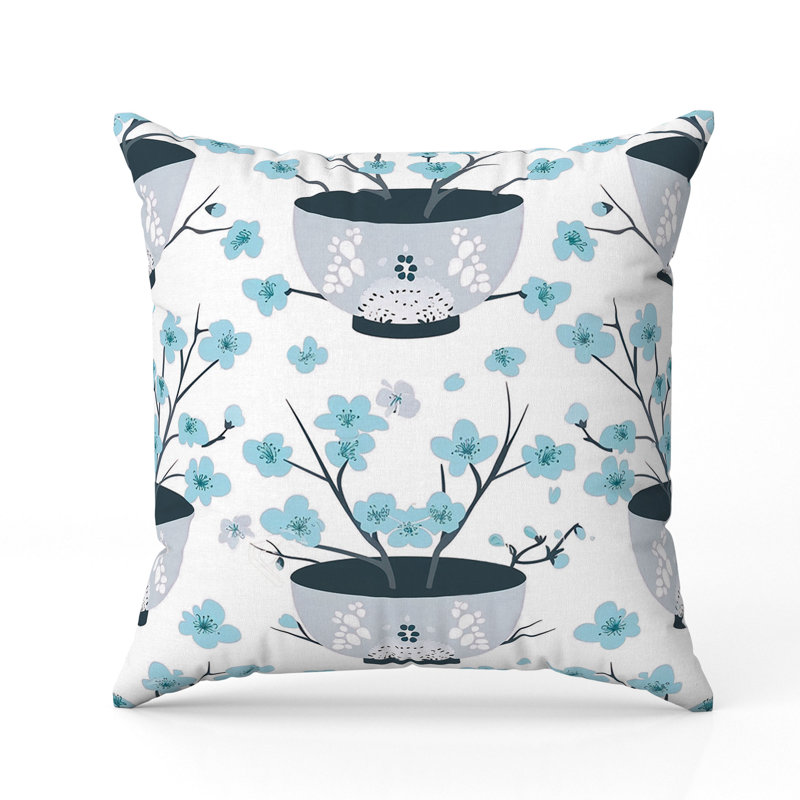 Coussin Pots Cherry Blossoms, 16"H x 16"W, Bleu
