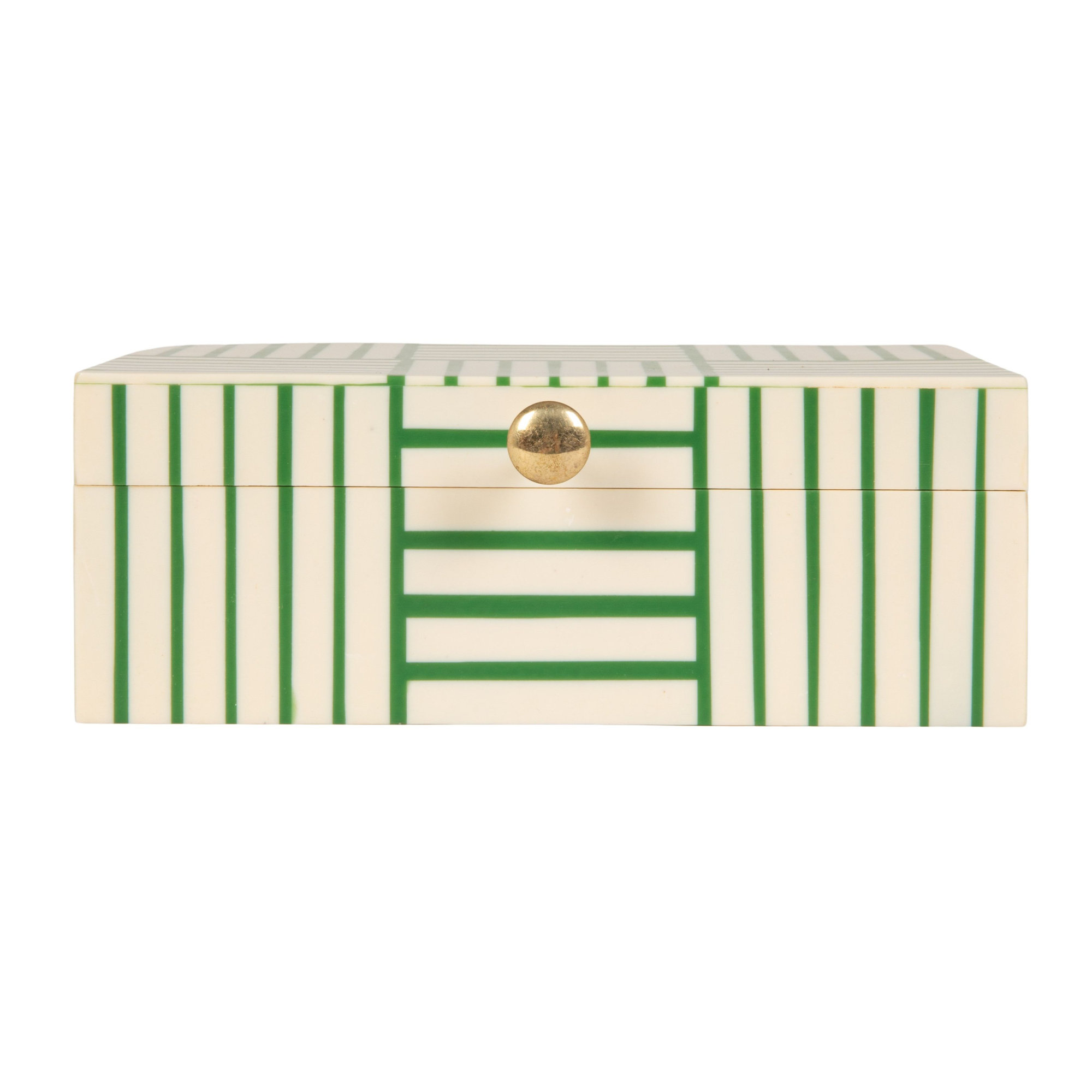 Jona Plastic Storage Box with Striped Block Pattern and Gold Knob, Green