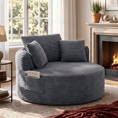 53.5" Oversized Round Chaise Lounge Chair Indoor, Comfy Corduroy Upholstered Boneless Couch with Pillow, No Assembly Required, Deep Seat Lounge Floor Compression Sofa Chair for Living Room, Apartment