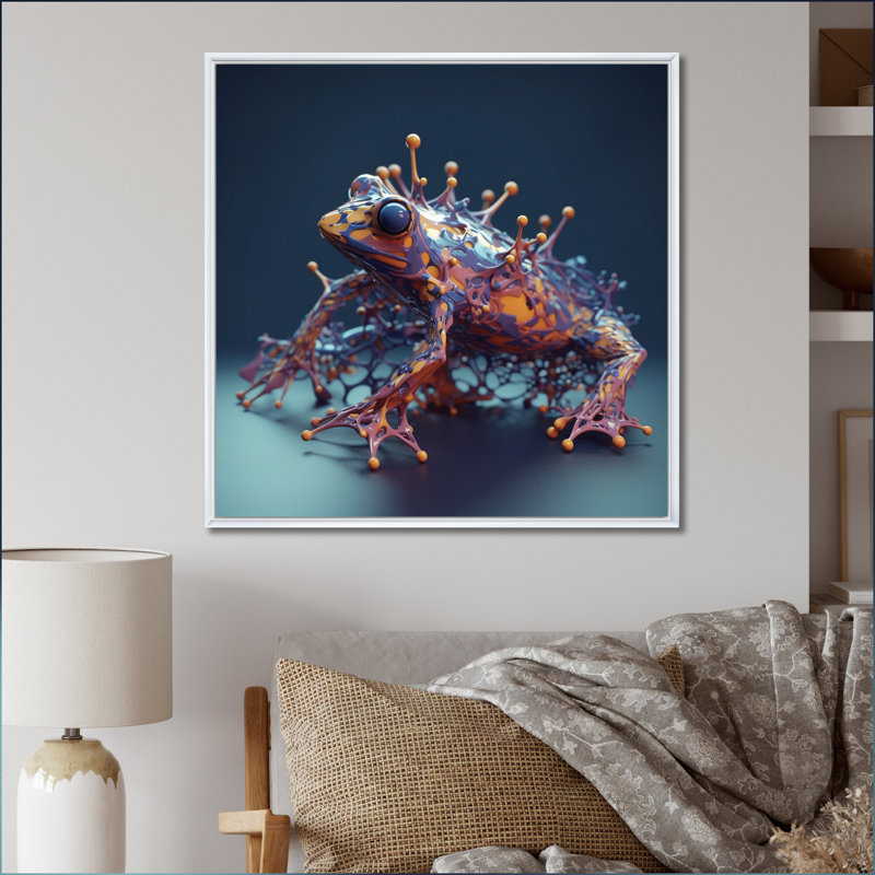 Impression sur toile 3D, grenouille néon, H 16 po x l 16 po x P 1 po, Cadre flottant blanc