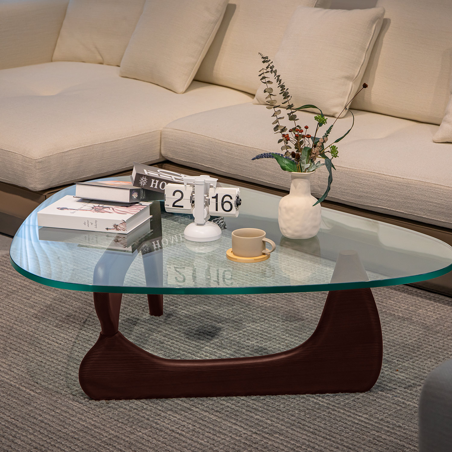 Triangle Glass Coffee Table with Wooden Base Clear Glass Top Mid-Century Abstract Glass Table, Dark Brown