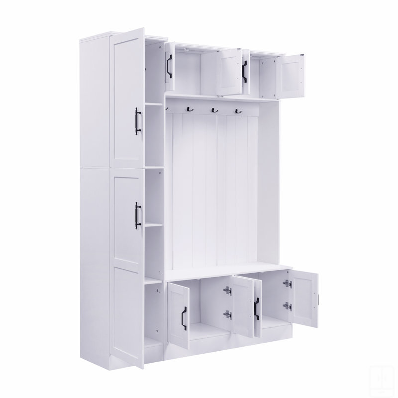 79'' Tall Modern Hall Tree With Shoe Storage, 4-In-1 Entryway Bench With 6 Cabinets, 4 Coat Hooks & Adjustable Shelf, White