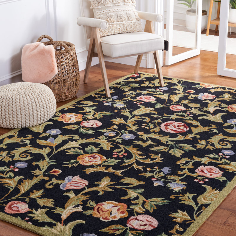Hollander Hand-Hooked Wool Black Area Rug, Rectangle 5'3" x 8'3"