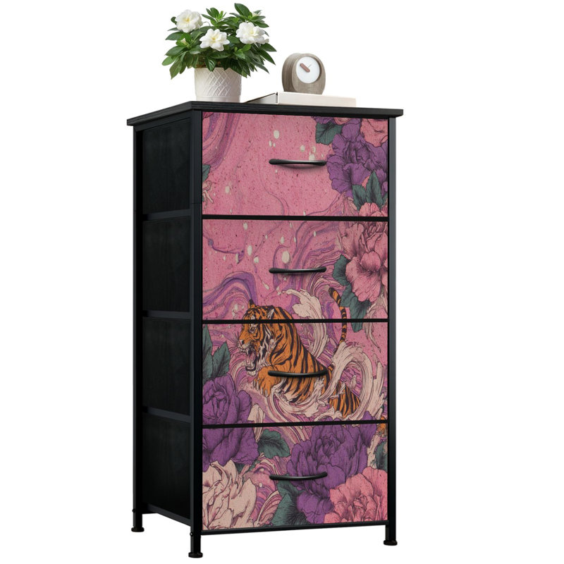 Commode pour chambre à coucher avec 4 tiroirs de rangement Majestic Tiger au milieu de pivoines mauves