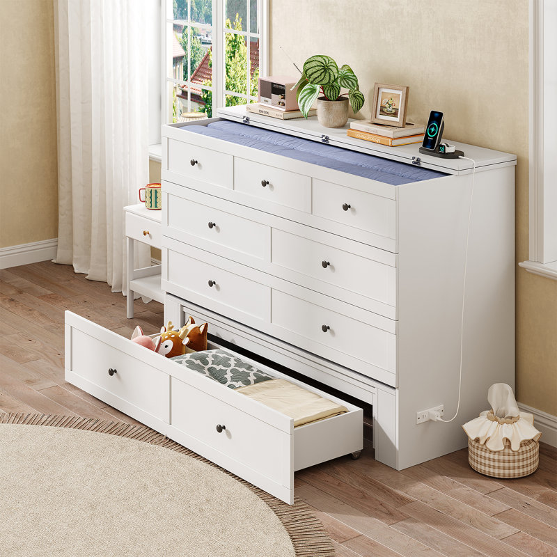 Lit escamotable double avec rangement et chargeur intégré, Lit double