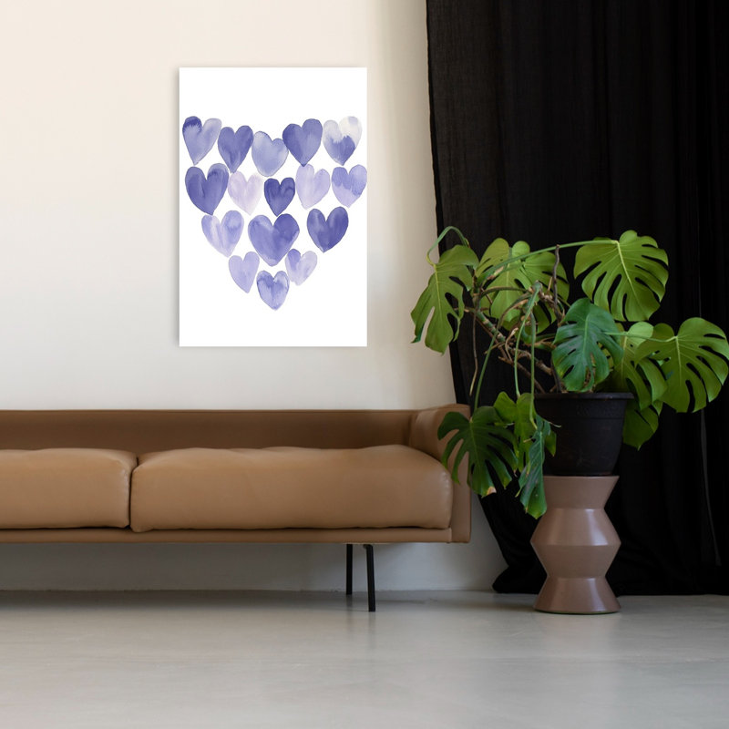 Purple Watercolor Hearts Abstract Delicate Romantic Lavender Violet Wall Art Print 1 Piece Wrapped Canvas Wall Art