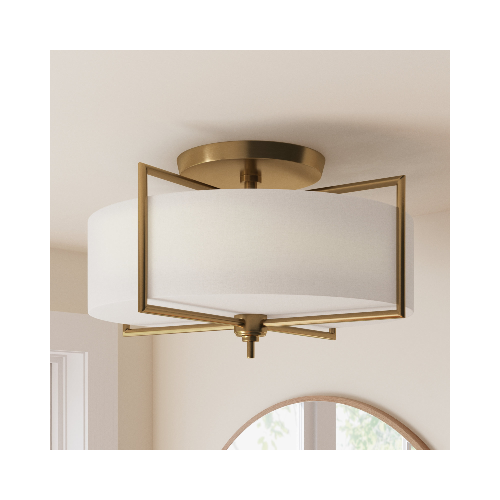 Fabric Semi Flush Mount, Burnished Brass, 11.88" H x 20" W x 20" D