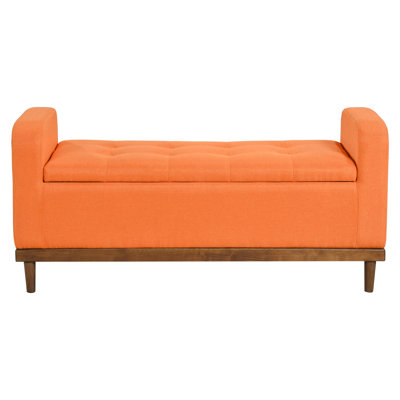Mid-Century Modern Solid Wood Walnut Finish Bench With Lift Top Storage For Bedroom In Orange Style Textured Upholstery And