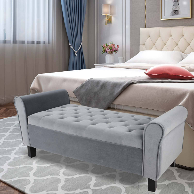 Upholstered Storage Bench End of Bed, Dark Gary, Velvet