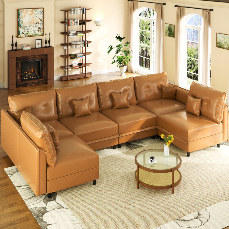 Canapé modulaire en U avec rangement 6 pièces Zendajas, Brown Faux Leather