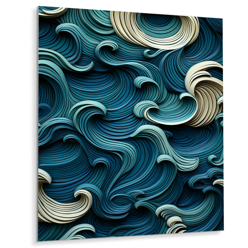 «Blue and White Wave Tiles Impressions II», art mural en métal Vagues, H 32 po x l 24 po x P 1 po