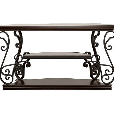 Console rectangulaire à 2 tablettes en riche avec placage de cerisier et volutes de bronze pour une utilisation pratique dans les couloirs