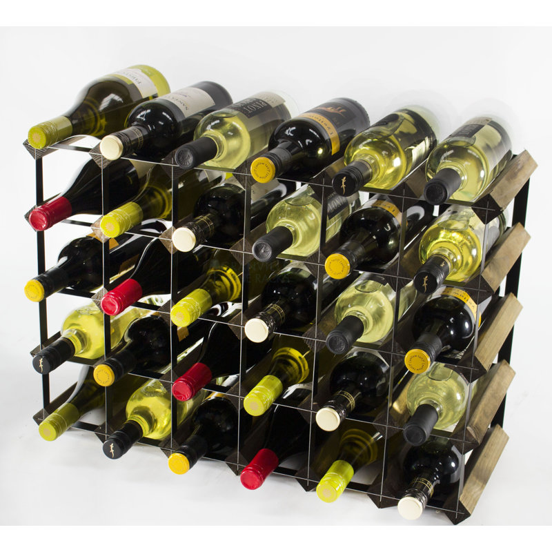 Felica 30 Bottle Floor Wine Bottle Rack, Walnut Stained Pine / Black Steel