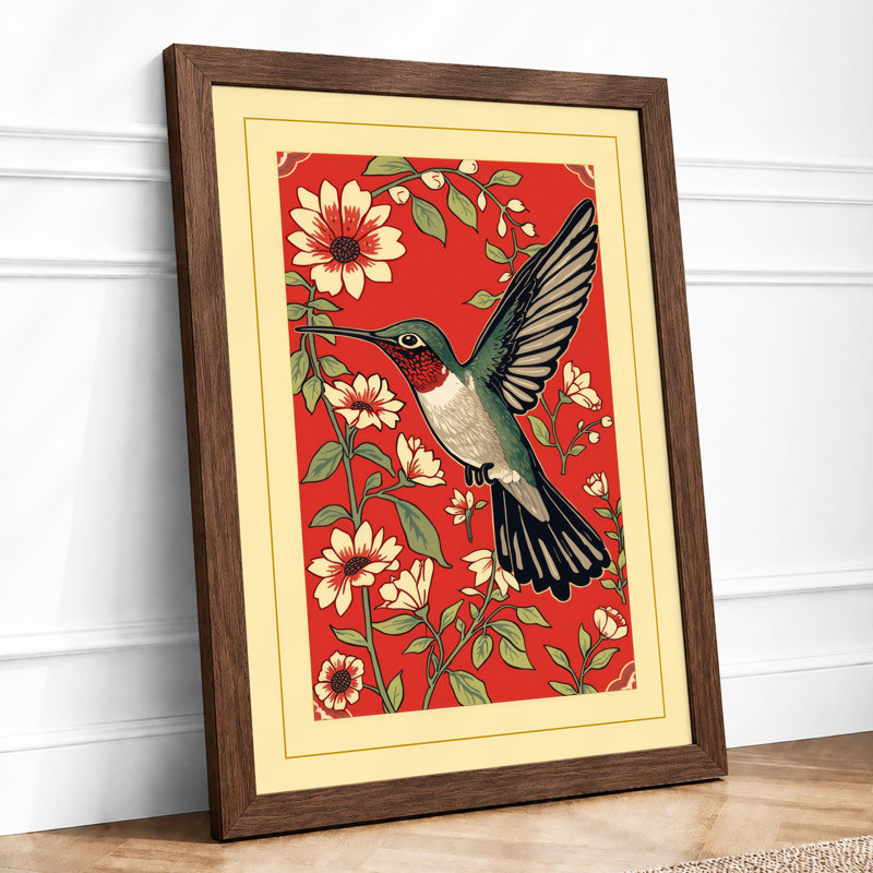 Hummingbird in Bloom Botanical - Framed Print, A3 - 42.0 x 29.7 cm, Walnut