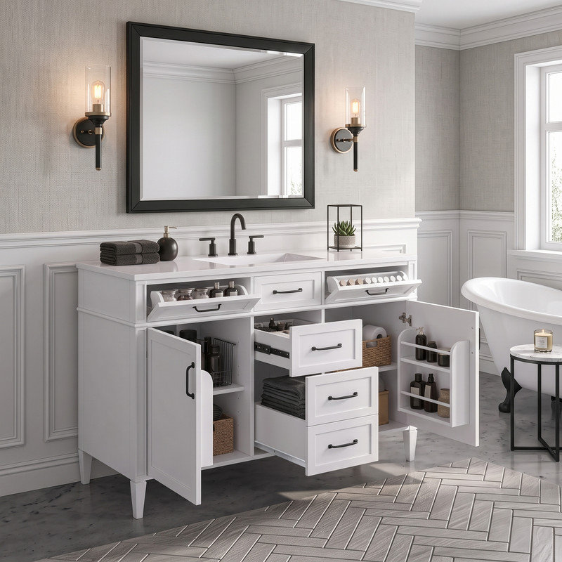 48" Freestanding Modern Single Bathroom Vanity with Ceramic Sink Top,Bathroom Storage System, Blanc