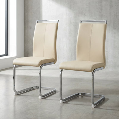 Modern Faux Leather Cantilever Dining Chairs with Chrome Base and Metal Handle (Set of 2)