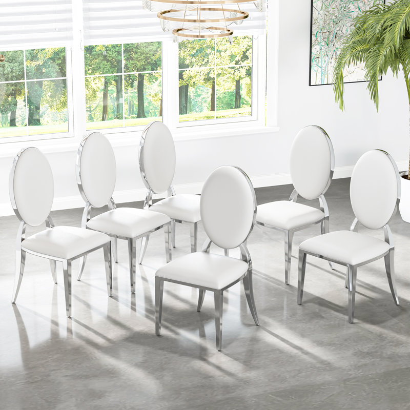 Modern Dining Chair Set, Oval Backrest Faux Leather Upholstery And Polished Stainless Steel Legs, 6, White/Silver