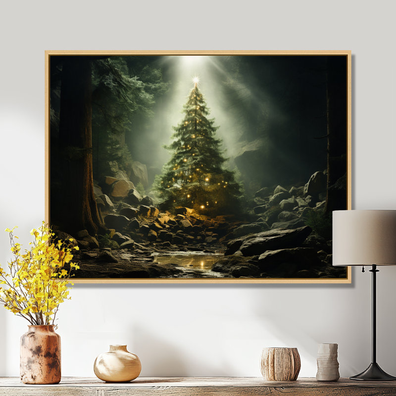 Arbre de Noël vert magique - décoration murale paysage d'hiver, Cadre flottant brun, H 24 po x l 32 po x P 1 po