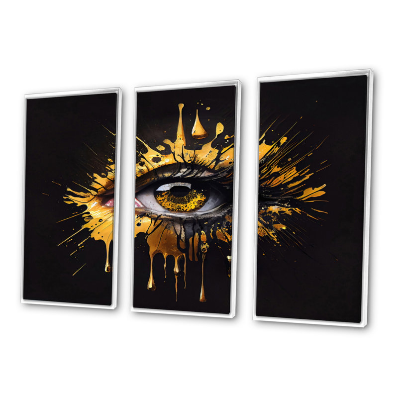 Œil liquide noir et or II - reproduction de 3 pièces, H 28 po x l 36 po x P 1 po, Cadre blanc