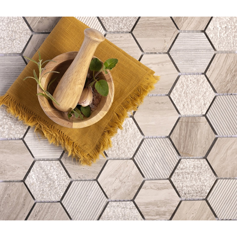 Textured Honeycomb Hexagon Marble Mosaic Tile, Gray