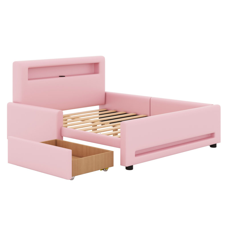 Lit plateforme moelleux avec tiroir de rangement, lumière DEL et port de charge USB, Rose