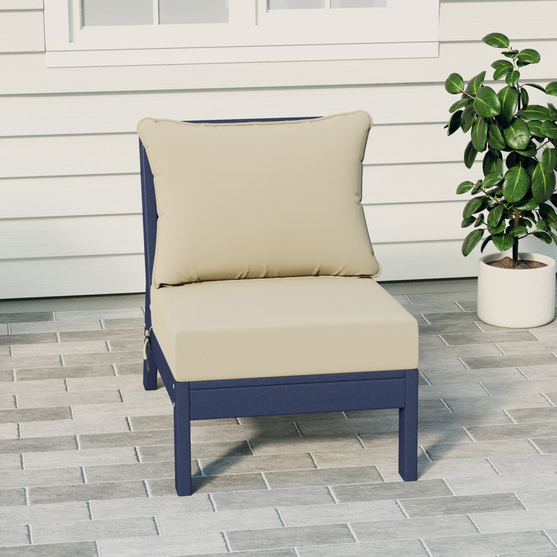Deep Seating Armless Chair With Cushions, Beige, Navy Blue