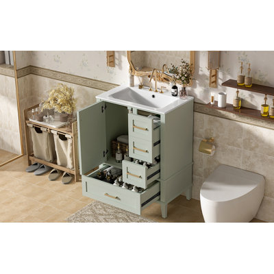 Meuble-lavabo de salle de bain avec lavabo en céramique, armoire autoportante moderne avec porte à fermeture en douceur, tiroir profond