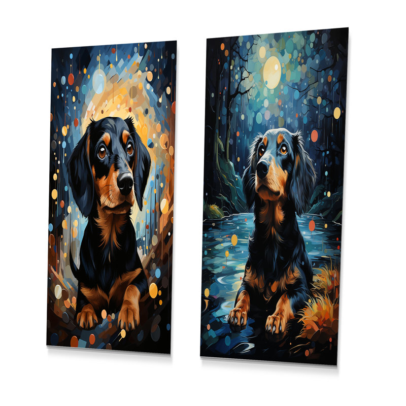 Dachshund Dreamscape - ensemble de 2 décorations murales chien en métal, H 28 po x l 24 po
