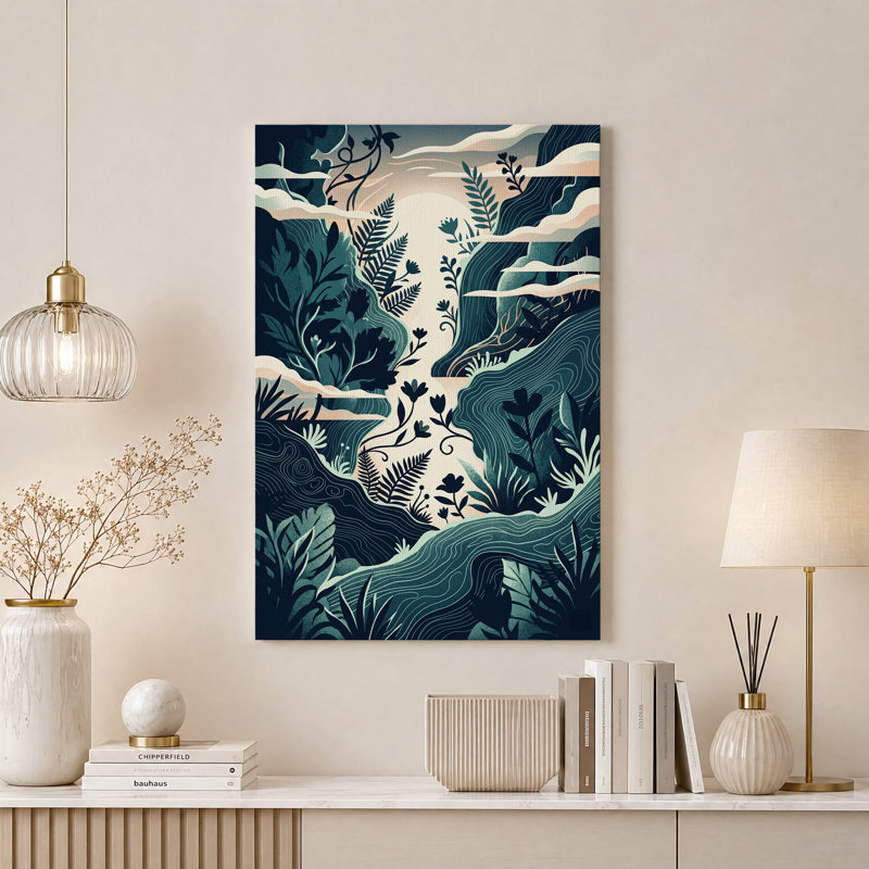 Toile murale à motifs de fougères et de feuilles superposées bleu sarcelle foncé, H 40 po x l 28 po