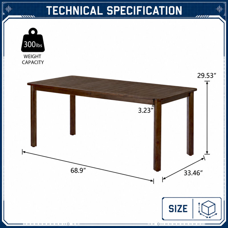 Table de salle à manger rectangulaire en bois d'acacia massif 6 places avec plateau de drainage à lattes, fabrication résistante aux intempéries
