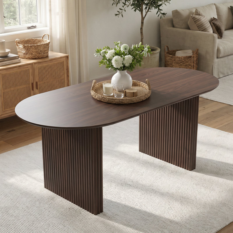 Table de salle à manger ovale scandinave cannelée de 170 cm (67 po) en bois, fini noyer, H 30 po x L 67 po x l 33,5 po, Noyer