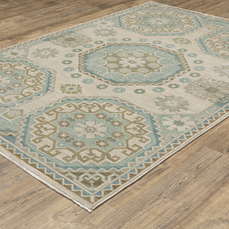 Graicyn Bohemian Medallion Beige/ Teal Area Rug, Rectangle 9'10" x 12'11"