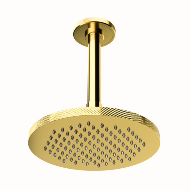 Rainstone Rainshower Head - Industrial, Knurled, 8", Unlacquered Polished Brass